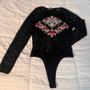 Lulu's Black Floral Embroidered Bodysuit
